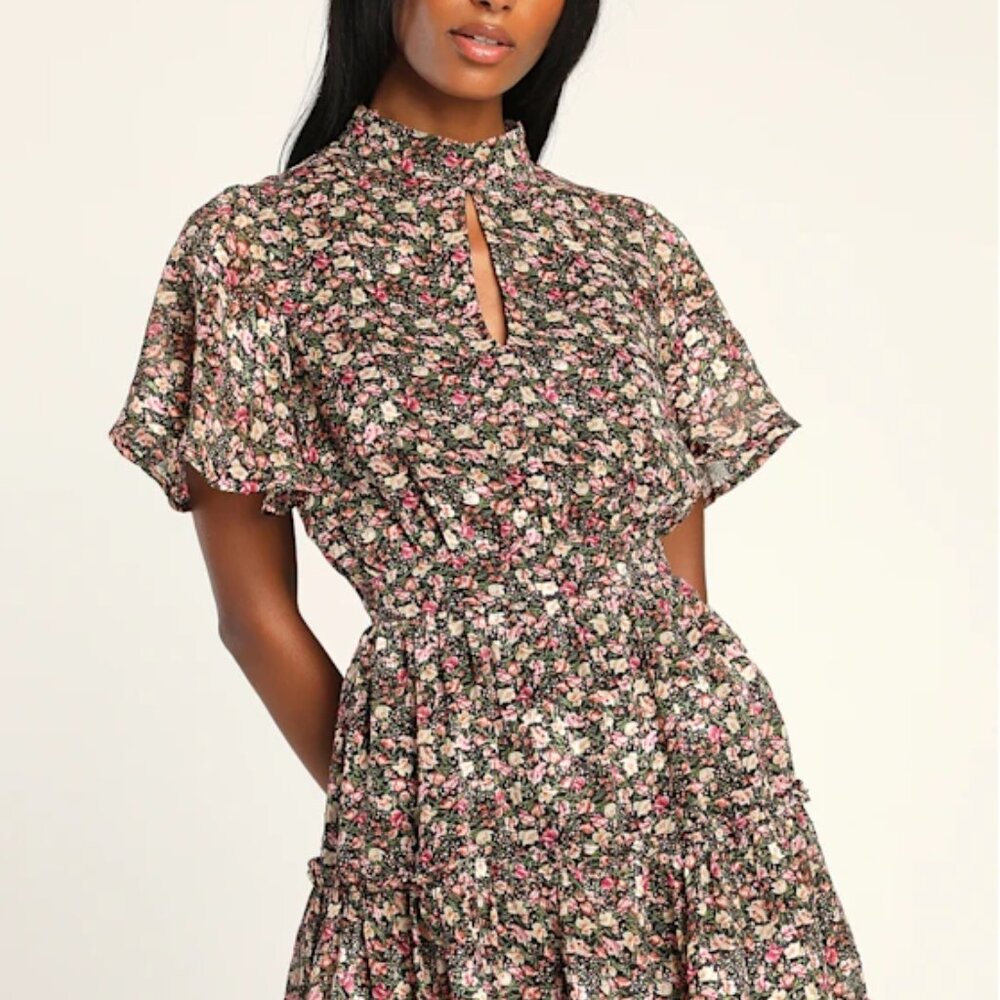 Lulus Always Inspired Black Floral Print Mock Neck Tiered Mini Dress - Size S